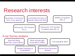 Research interests
Multi-wavelength 
Association NWAY
Luminosity function
Heavily obscured AGN
SMBH occupation
f(M*,z)
Hierarchical Bayesian
Models
Nested Sampling &
PyMultiNest
Cosmological Sims
Spectral fitting 
with low counts (BXA)
Geometry of obscurer
from X-ray spectra
Obscured, CTK fraction
by galaxy gas f(M*,z)
Obscured, CTK fraction
f(L,z)
Volonteri 2012, Rees 1978
GC / IR group at MPE
Schödel+02, Eisenhauer+05, Gillessen+09
z=?
z=0
Efficiency of seeding process?
How many SMBHs are there
 (at least)
?
see Buchner et al. (2019)