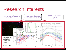 Research interests
Multi-wavelength 
Association NWAY
Luminosity function
Heavily obscured AGN
SMBH occupation
f(M*,z)
Hierarchical Bayesian
Models
Nested Sampling &
PyMultiNest
Cosmological Sims
Spectral fitting 
with low counts (BXA)
Geometry of obscurer
from X-ray spectra
Obscured, CTK fraction
by galaxy gas f(M*,z)
Obscured, CTK fraction
f(L,z)
Volonteri 2012, Rees 1978
GC / IR group at MPE
Schödel+02, Eisenhauer+05, Gillessen+09
z=?
z=0
Efficiency of seeding process?
How many SMBHs are there
 (at least)
?
see Buchner et al. (2019)