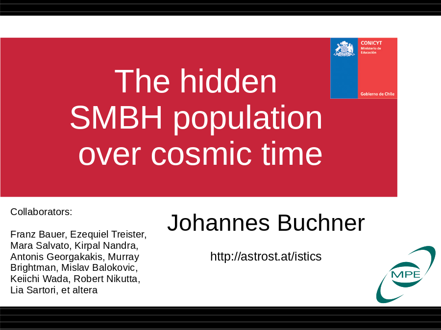 The hidden 
SMBH population 
over cosmic time
Johannes Buchner
http://astrost.at/istics
Collaborators:
Franz Bauer, Ezequiel Treister,
Mara Salvato, Kirpal Nandra, 
Antonis Georgakakis, Murray Brightman, Mislav Balokovic,
Keiichi Wada, Robert Nikutta, 
Lia Sartori, et altera