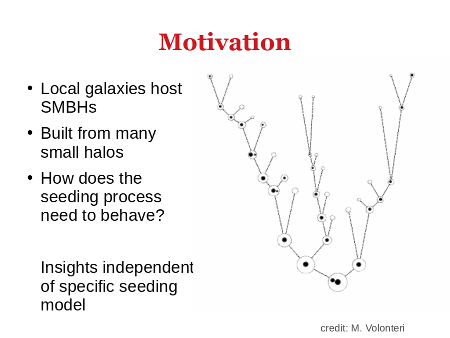 Motivation
Local galaxies host SMBHs
Built from many small halos
How does the seeding process need to behave?
Insights independent of specific seeding model
credit: M. Volonteri