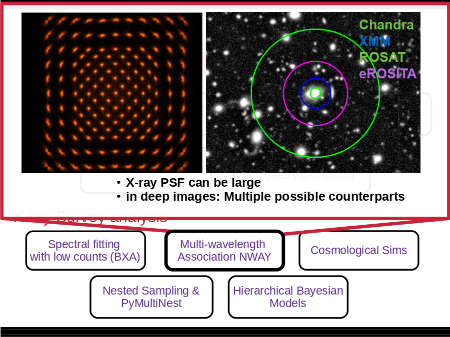 Research interests
Geometry of obscurer
from X-ray spectra
Luminosity function
Heavily obscured AGN
Obscured, CTK fraction
f(L,z)
Obscured, CTK fraction
by galaxy gas f(M*,z)
SMBH occupation
f(M*,z)
Hierarchical Bayesian
Models
Nested Sampling &
PyMultiNest
Cosmological Sims
Spectral fitting 
with low counts (BXA)
Multi-wavelength 
Association NWAY
Chandra
XMM
ROSAT
eROSITA