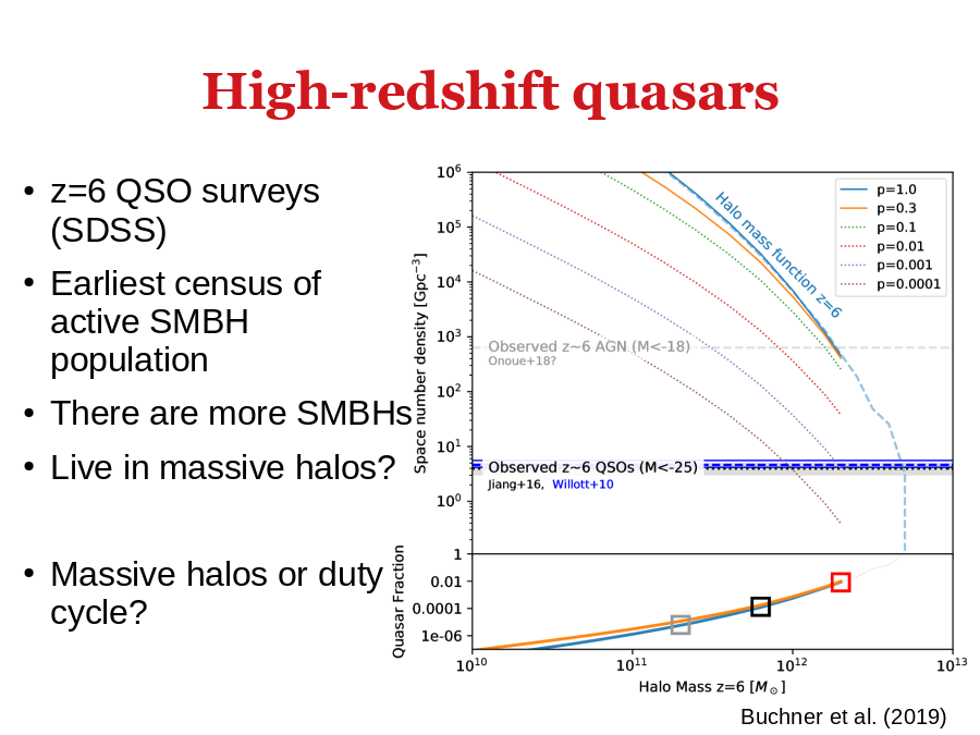 High-redshift quasars
z=6 QSO surveys (SDSS)
Earliest census of active SMBH population
There are more SMBHs
Live in massive halos?
Massive halos or duty cycle?
Buchner et al. (2019)