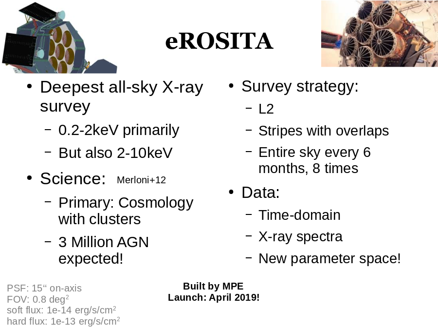 eROSITA
Deepest all-sky X-ray survey

Science:
Survey strategy:

Data:
Built by MPE
Launch: April 2019!
PSF: 15‘‘ on-axis
FOV: 0.8 deg2
soft flux: 1e-14 erg/s/cm2
hard flux: 1e-13 erg/s/cm2
Merloni+12