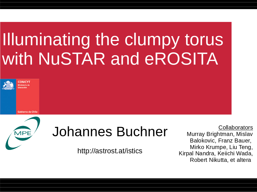 Illuminating the clumpy torus with NuSTAR and eROSITA
Johannes Buchner
http://astrost.at/istics
Collaborators
Murray Brightman, Mislav Balokovic, Franz Bauer, 
Mirko Krumpe, Liu Teng, Kirpal Nandra, Keiichi Wada, Robert Nikutta, et altera