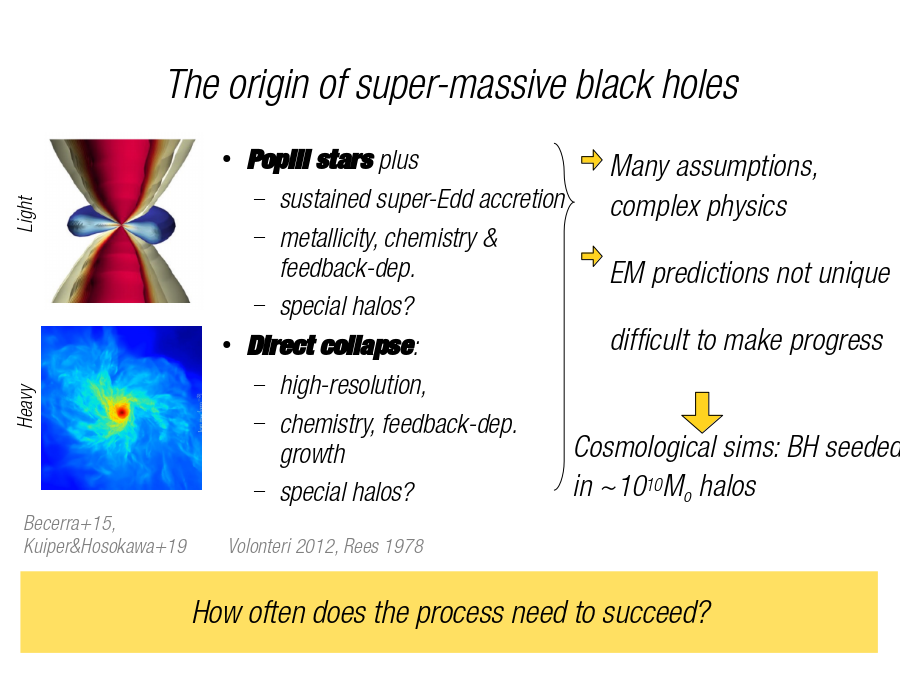 The origin of super-massive black holes
Becerra+15, 
Kuiper&Hosokawa+19		Volonteri 2012, Rees 1978
Pop-III
Light
Heavy
Many assumptions, complex physics
EM predictions not unique
difficult to make progress
Cosmological sims: BH seeded in ~1010Mo halos
How often does the process need to succeed?