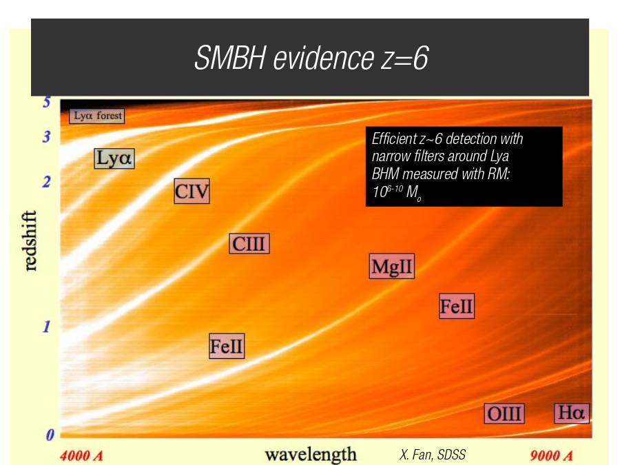 SMBH evidence z=6
Efficient z~6 detection with narrow filters around Lya
BHM measured with RM:
106-10 Mo
X. Fan, SDSS