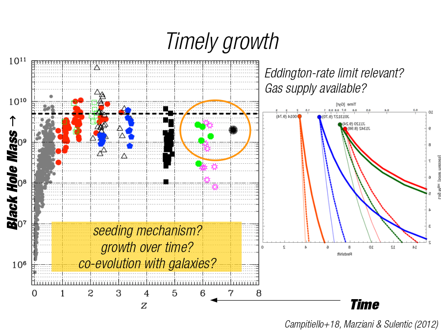 Timely growth
Campitiello+18, Marziani & Sulentic (2012)
Black Hole Mass →
Time
Eddington-rate limit relevant?
Gas supply available?
seeding mechanism?
growth over time?
co-evolution with galaxies?