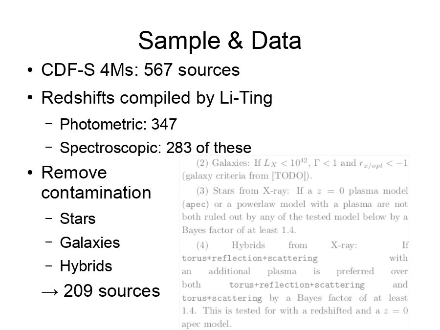 Sample & Data
CDF-S 4Ms: 567 sources
Redshifts compiled by Li-Ting 

Remove 
contamination

→ 209 sources